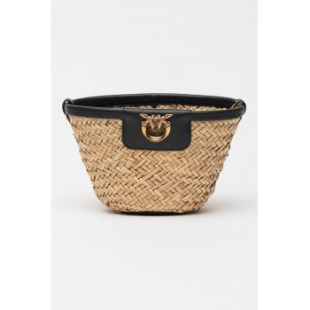 Geanta bucket tesuta cu garnituri de piele