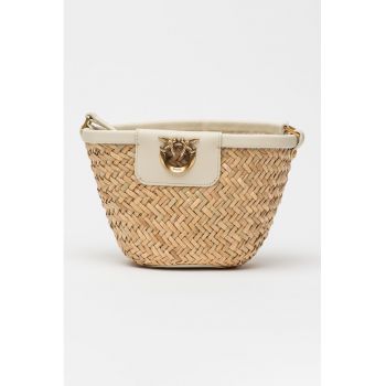 Geanta bucket tesuta cu garnituri de piele