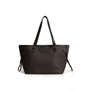 Geanta shopper de piele ecologica cu imprimeu logo - Maro inchis