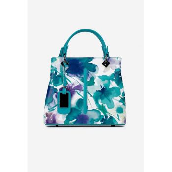 Geanta dama din piele naturala bleu cu imprimeu floral