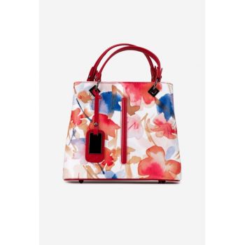 Geanta dama din piele naturala rosie cu imprimeu floral