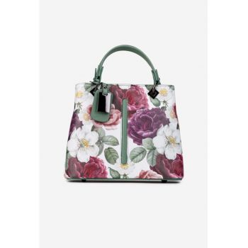 Geanta dama din piele naturala verde cu imprimeu floral