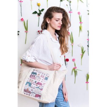 Geanta dama  Shopper - bej - dimensiune unica - foarte incapatoare - cu un motiv grafic.