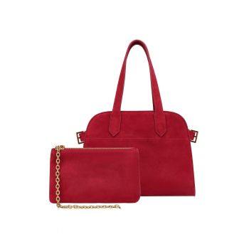 Set de geanta bowler din piele intoarsa cu maner si etui - Rosu