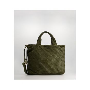 Geanta crossbody  din piele naturala - verde - 34x45x14cm - cu trei compartimente interioare - curea detasabila