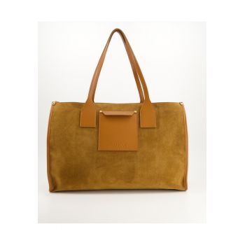 Geanta dama  shopper - piele intoarsa - maro - 32x44x17cm - cu 3 buzunare interioare si 1 exterior - lungime manere 50cm
