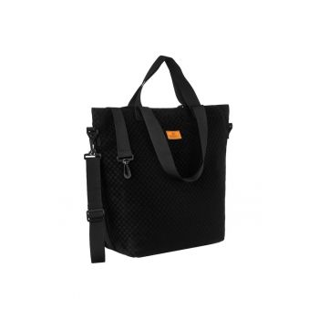 Geanta shopper neagra pentru femei -  cu doua seturi de manere si curea reglabila - cu buzunar exterior cu fermoar