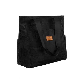 Geanta tote dama  neagra - 30x28x15cm - cu model floral - cu manere lungi si buzunar exterior
