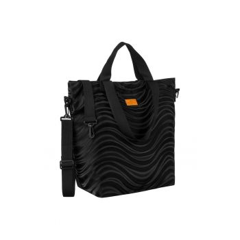 Geanta tote din poliester -  neagra - cu model ondulat - format A4 - cu doua seturi de manere