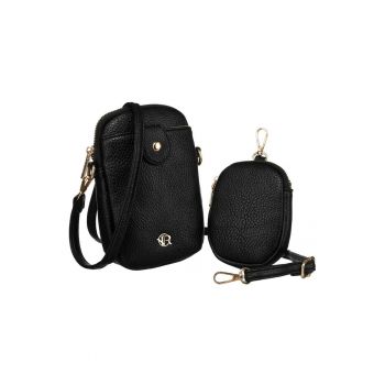 Geanta dama  etui - negru - cu 2 buzunare - din piele ecologica - cu curea reglabila