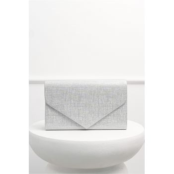 Clutch argintiu cu glitter si design in V