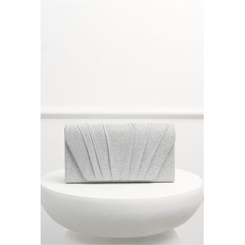 Clutch argintiu cu glitter si pliuri decorative