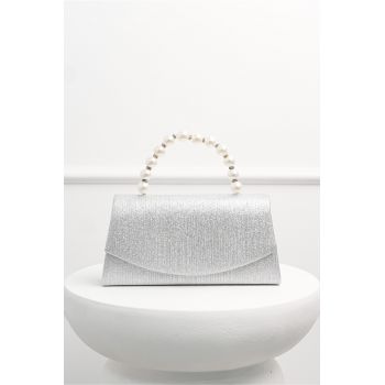 Clutch elegant argintiu cu glitter si maner din perle
