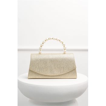 Clutch elegant auriu cu glitter si maner din perle