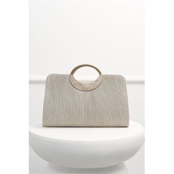 Clutch elegant din glitter auriu cu maner rotund metalic