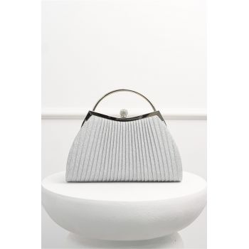Clutch elegant din lurex argintiu cu maner metalic rotund
