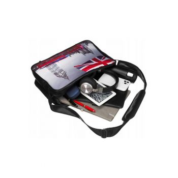 Geanta de dama  crossbody - neagra - cu print original - dimensiune A4 - cu un compartiment si 4 picioruse de protectie
