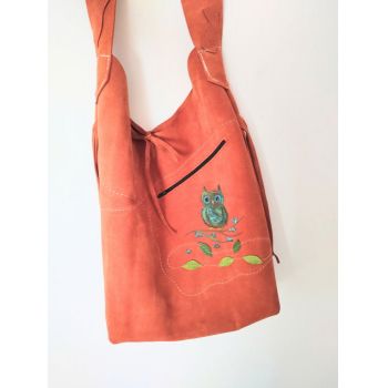 Geanta sac din piele naturala caramizie ,cu bufnita pictata manual