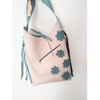 Geanta sac in doua nuante  ,din piele naturala ,cu margarete ,unicat