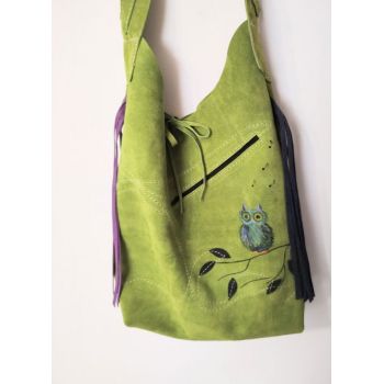 Geanta olive handmade ,cu bufnita colorata