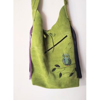 Geanta olive handmade ,cu bufnita colorata