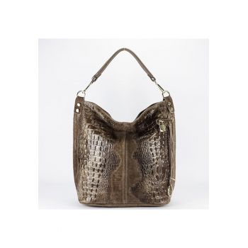 Geanta taupe din piele naturala cu imprimeu reptila 1915 M9 18086