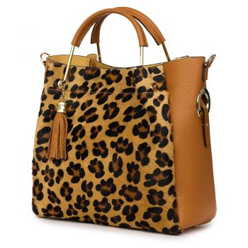 Geanta din piele cu par de ponei Fabiana, coniac/animal print