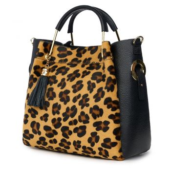 Geanta din piele cu par de ponei Fabiana negru/animal print