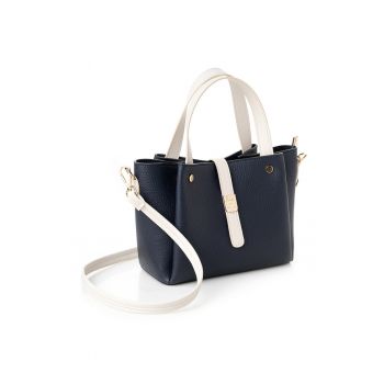 Geanta din piele ecologica cu bareta de umar detasabila - Albastru inchis/Crem - 19 x 25 x 11 CM