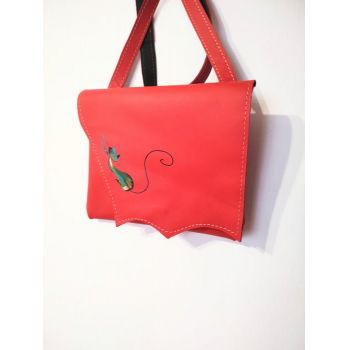 Geanta din piele naturala ,crossbody rosie ,cu pisicuta pictata