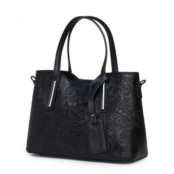 Geanta din piele naturala cu model floral Samantha neagra
