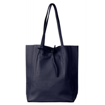Geanta shopper bleumarin din piele naturala, cu fermoar