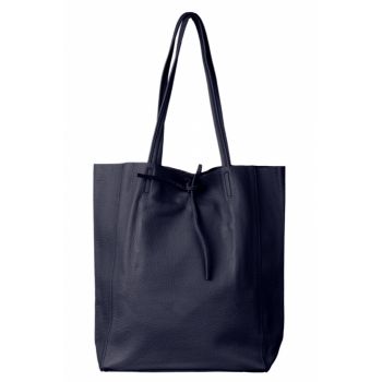 Geanta shopper bleumarin din piele naturala, cu fermoar