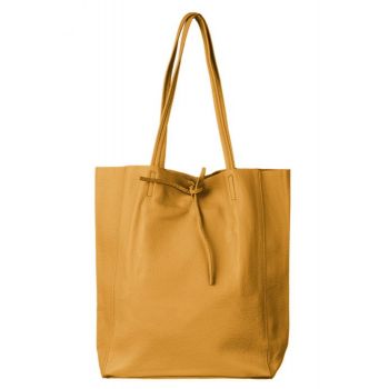 Geanta shopper mustar din piele naturala, cu fermoar