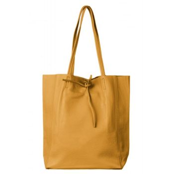 Geanta shopper mustar din piele naturala, cu fermoar