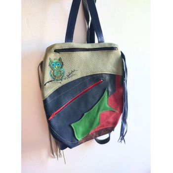 Rucsac handmade multicolor din piele naturala ,cu bufnita pictata manual