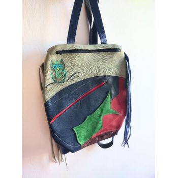 Rucsac handmade multicolor din piele naturala ,cu bufnita pictata manual