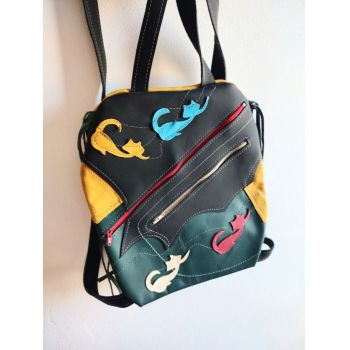 Rucsac multicolor ,din piele naturala ,cu pisicute colorate, unicat