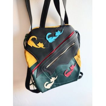 Rucsac multicolor ,din piele naturala ,cu pisicute colorate, unicat