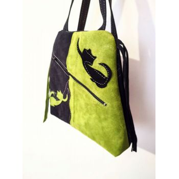 Rucsac din piele naturala ,negru cu olive ,si pisicute