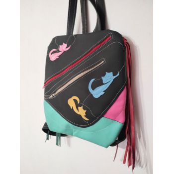 Rucsac multicolor ,din piele naturala ,cu pisicute colorate, unicat