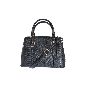 Geanta neagra cu manere fixe si aspect piele de sarpe