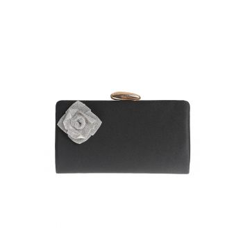 Geanta plic neagra cu trandafir argintiu