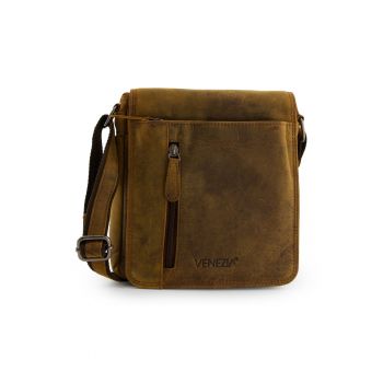 Geanta barbati -  crossbody - piele naturala - maro - 22x6x7cm - set cu 3 buzunare interioare si 3 exterioare
