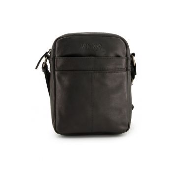 Geanta crossbody barbati -  piele naturala - neagra - 23x18x6cm - 2 buzunare interioare - 2 buzunare exterioare