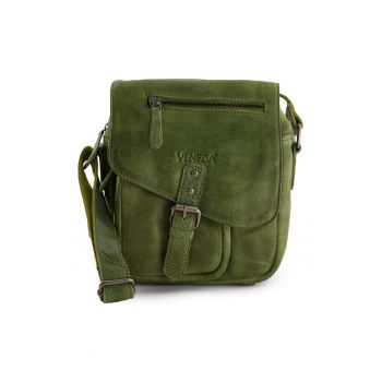 Geanta crossbody barbati -  piele naturala - verde - 25x24x8cm - 6 buzunare - curea max 140cm