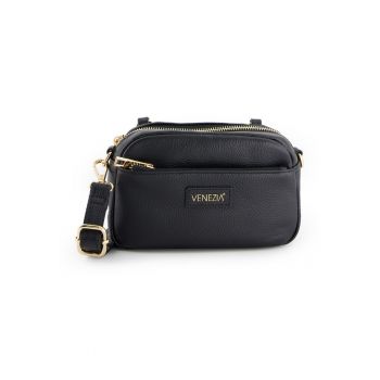Geanta crossbody dama  piele naturala - neagra - 12x20x6cm - cu 2 buzunare interioare - curea detasabila max 128cm