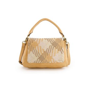 Geanta dama  din piele naturala - crossbody - 3 compartimente - bej/maro - 29x20x10cm