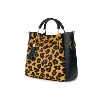 Geanta din piele cu par de ponei Fabiana negru/animal print Geanta din piele cu par de ponei Fabiana negru/animal print