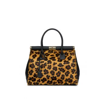 Geanta piele cu par de ponei Bianca negru/animal print